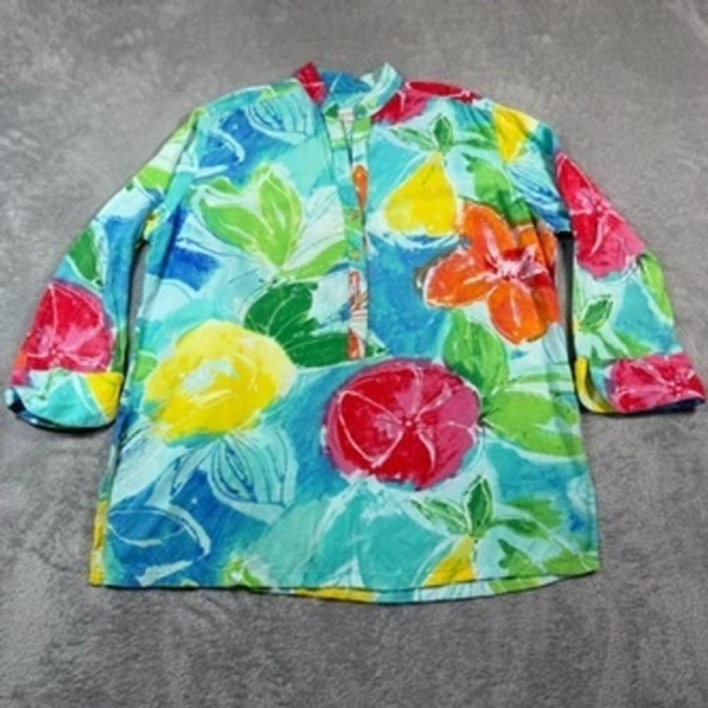 Jams World Top Women Large Multi-Color‎ Floral Fruit 100% Rayon Tunic Blouse